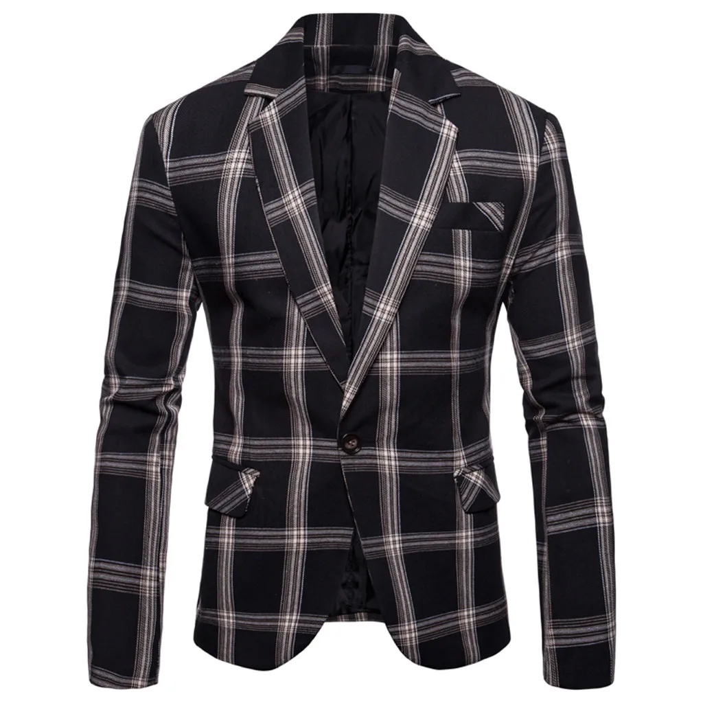Men's Slim Button Suit Plaid Turn-down Collor tops Solid Jacket Coat Business Casual Blazer Coat Men Brand Outwear Jacket 8.12