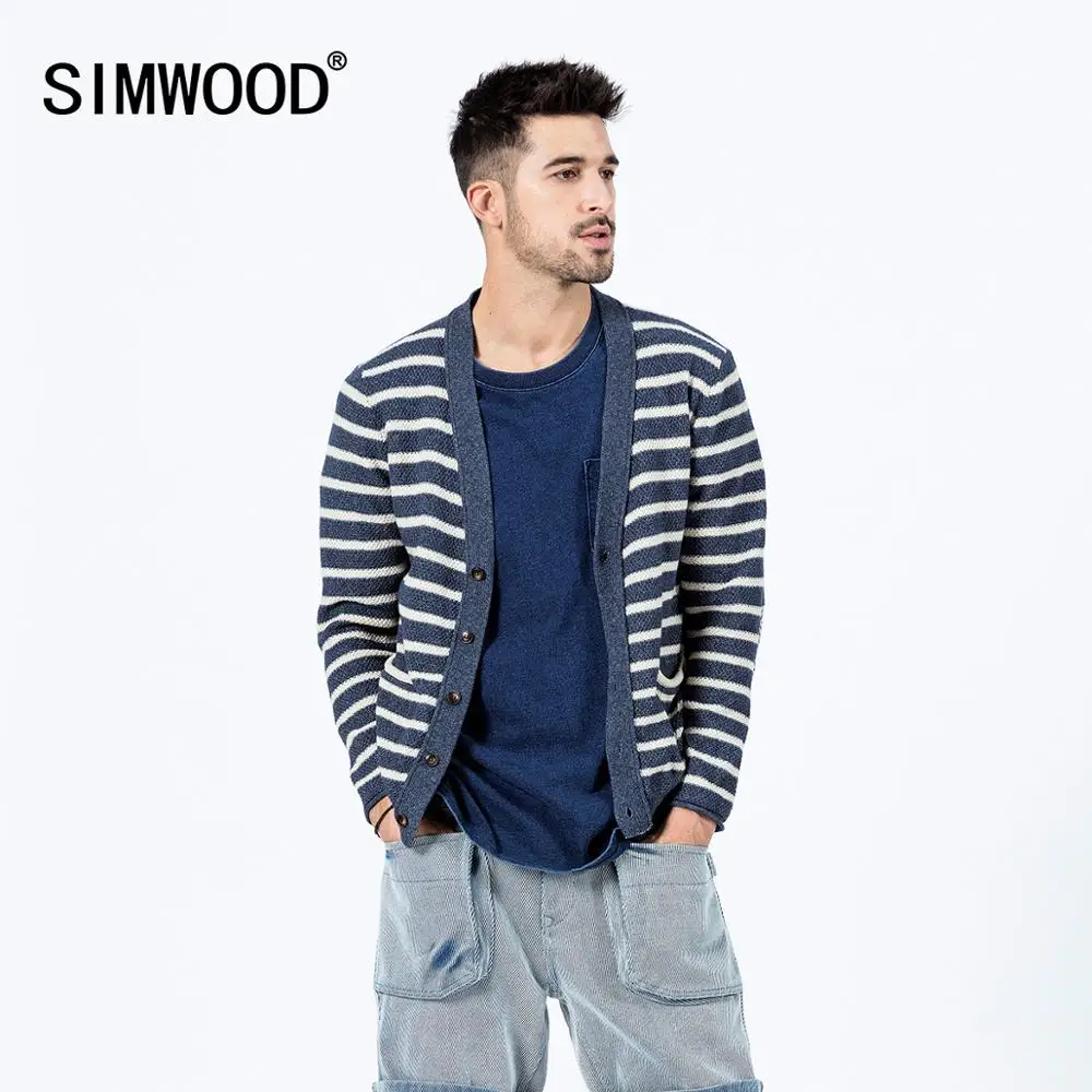^*Best Offers SIMWOOD 2020 spring new 100% cotton striped cardigan men back denim patchwork kint jackets plus size Indigo kintwear SI980519