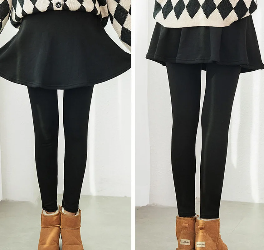 Winterwarme, mit Fleece gefütterte lange Rock-Leggings, gefälschte zweiteilige Slim-Fit-Hosen mit Rock für Herbst und Winter ouc045a – Detail 9