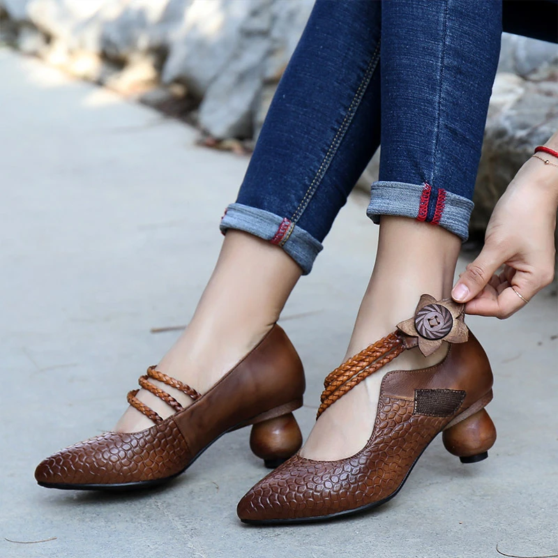 Zapatos Retro tacón alto con punta estrecha para mujer, zapatos de mujer con flor, zapatos de redondo de piel de vaca de alta calidad, Original de primavera nacional|Zapatos de tacón
