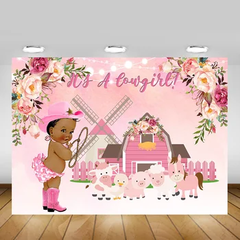 

Cowboy Newborn Cowgirl One Birthday Backdrop Photocall Farm Animals Baby Shower Photo Background Animals Windmill Flowers
