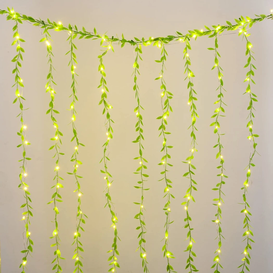 

10PCS Artificial Light Vine Plastic Willow Leaf Hanging Vine With Curtain String Green Leaves Cane Rattan Plant