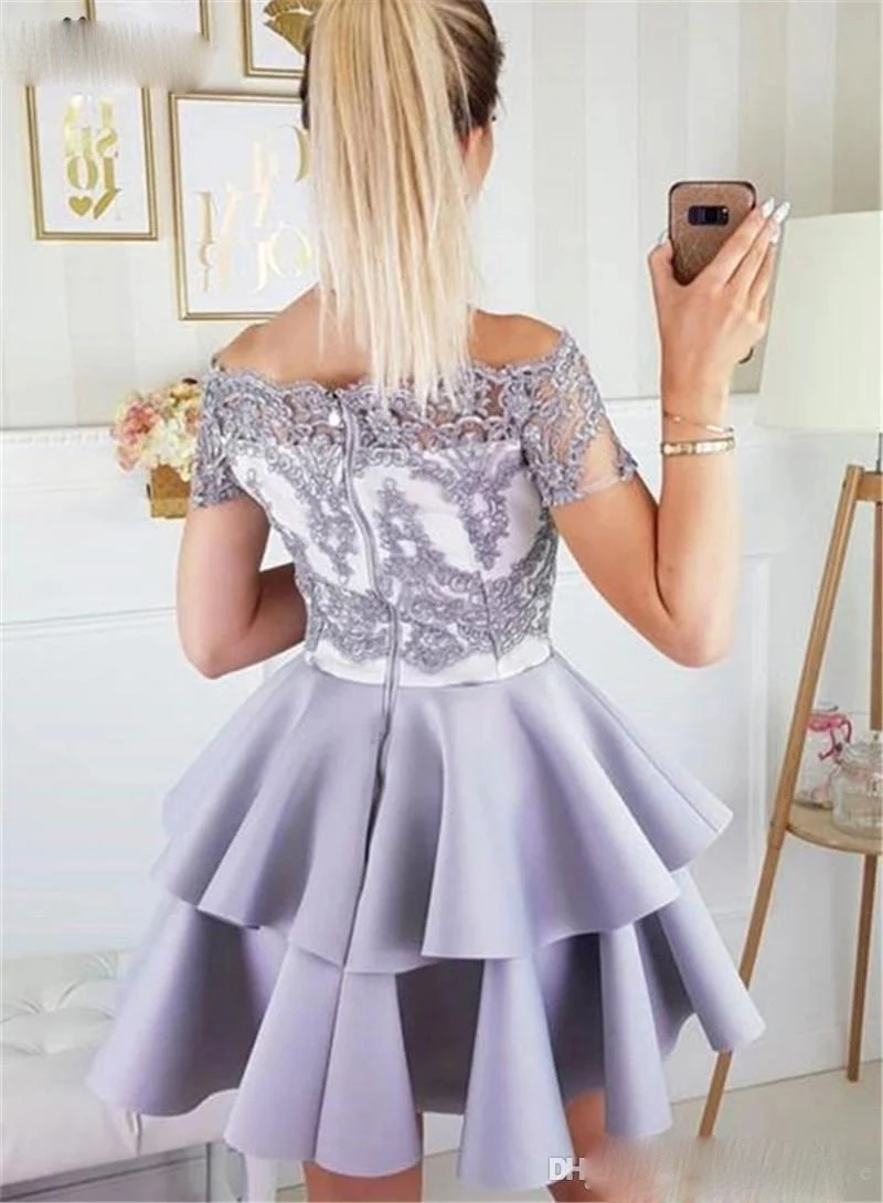 

Homecoming Dresses 2020 Lace Appliques Short Sleeves Off Shoulder Short Prom Party Gowns