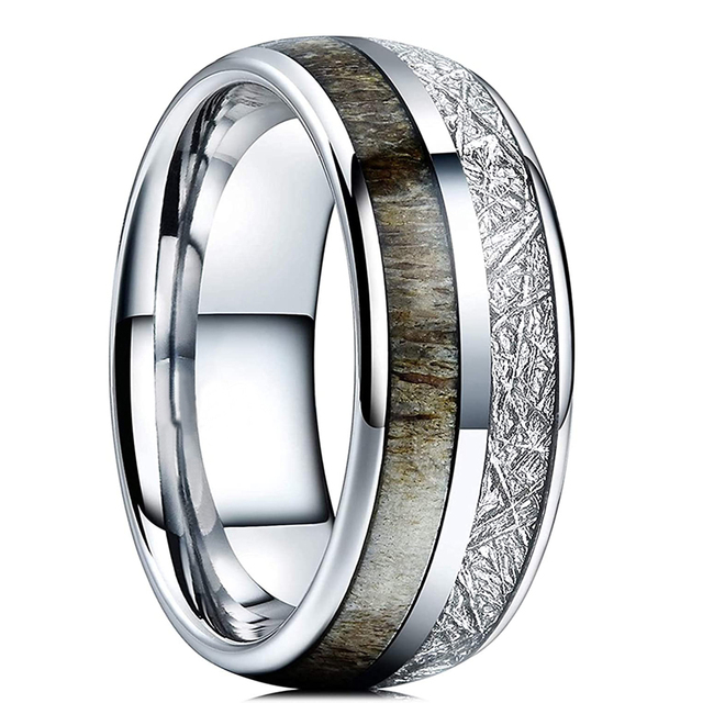 Fashion 8mm Men Black Tungsten Wild Life Hunting Ring Koa Wood Inlay Deer Family Silhouette Steel Ring Men Wedding Band