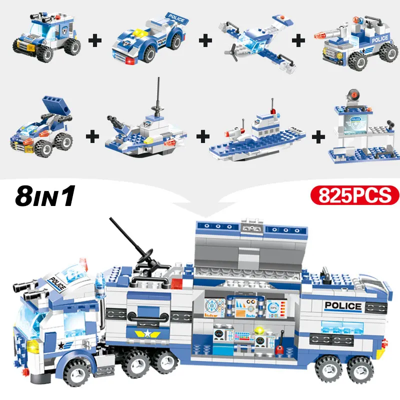 

City Police Series 8 in 1 SWAT Ship helicopter tank police car Building Blocks for legoingly DIY Bricks toys for boys children