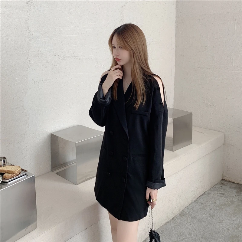 Fall 2020 fashion strapless bag buckle solid color loose long-sleeved blazer mid-length female