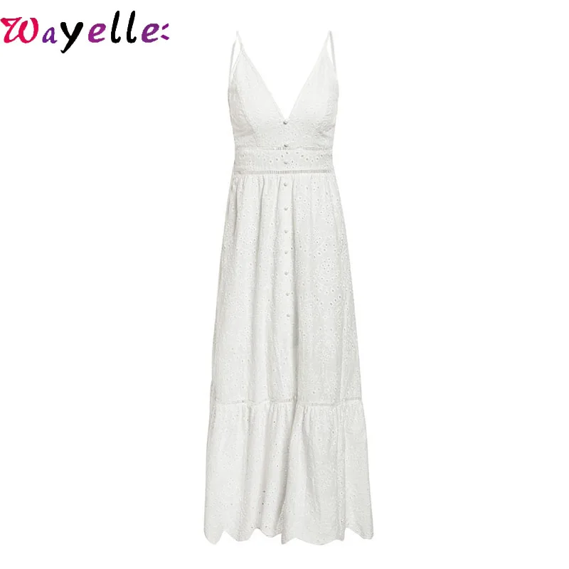

Summer Vintage Women Maxi Dress White Pearls Sexy Hollow Out Embroidery Maxi Dress Beach/Party Style Elegant lady Cotton Dresses