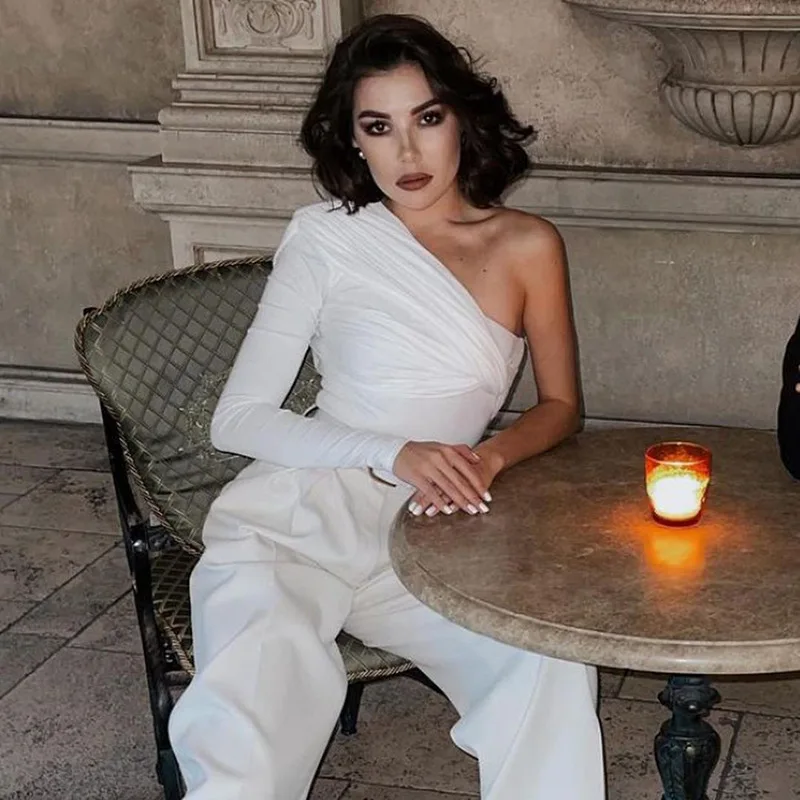 Cryptographic One Shoulder Sexy Backless Twist Bodysuits Women Long Sleeve Top Slim High Waist Bodysuit Club Party Streetwear