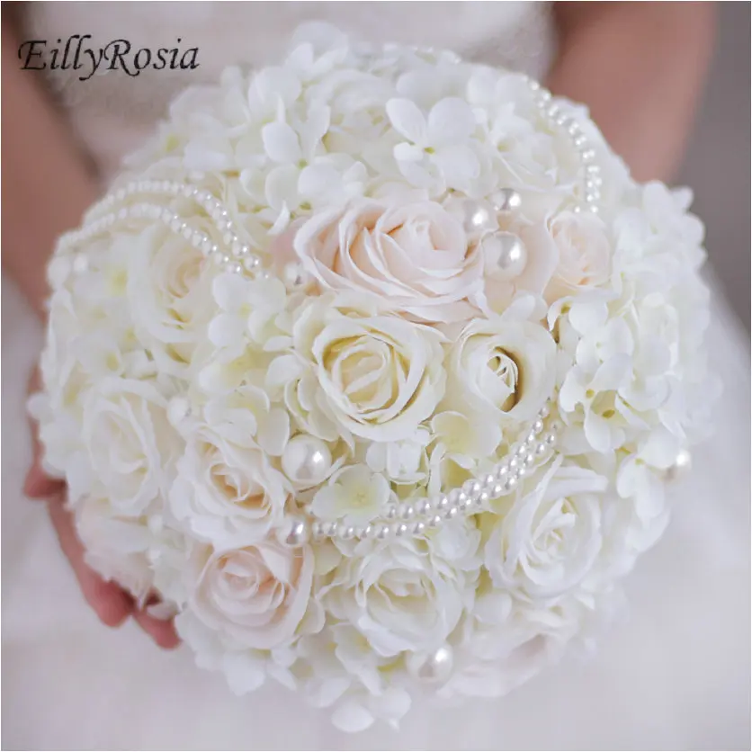 Elegant Cream White Bridal Bouquet Wedding Flowers Pearls Round Simple Beautiful Fake Flowers for Bridesmaid Wedding Accessories