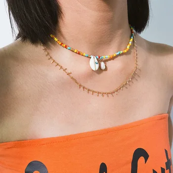 

cross-border jewelry chain tassel geometric multilayer sautoir personality shell oil painting color m beads female