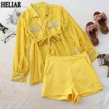 

HELIAR 2019 Nail bead two-piece Sets Korean version design pocket waist Blouse +high waist slim shorts Yellow Women Suit