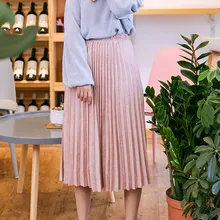 Женская модная плиссированная Однотонная юбка до середины икры с высокой талией, универсальная одежда, Женские повседневные эластичные плотные юбки