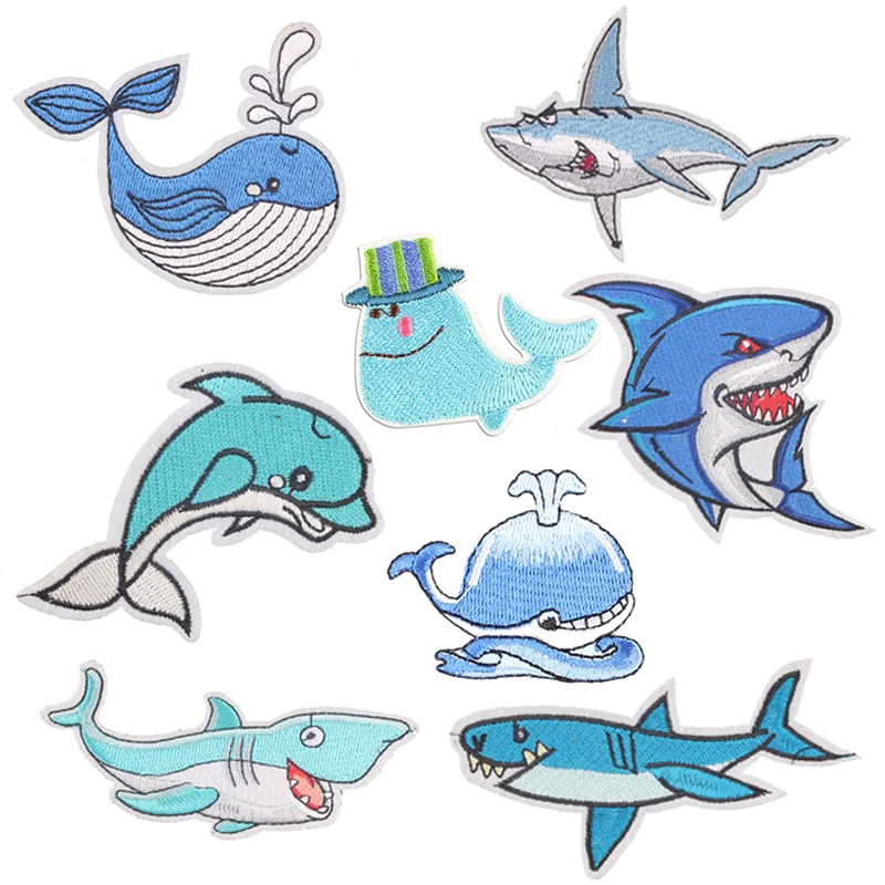 

Summer Shark Dolphin Patch Iron on Patches on Clothes Stripe Sticker on Clothes Embroidered Patches for The Clothing Appliques G