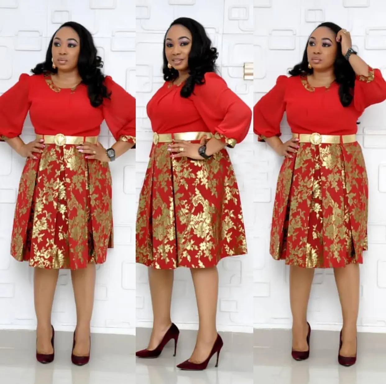 Cross-Border Sales of Small Floral Bronzing Upscale xue fang xiu Waist Hugging a-Style Hemline with Golden Large Waistband Dress