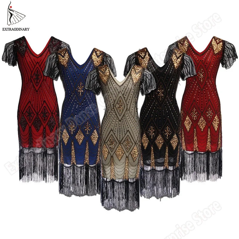 Günstig Great Gatsby Kleid Frauen 1920 s Vintage Pailletten Art Deco Doppel Flapper Kleider Vintage V ausschnitt Party Kleid Verziert Mit Fransen
