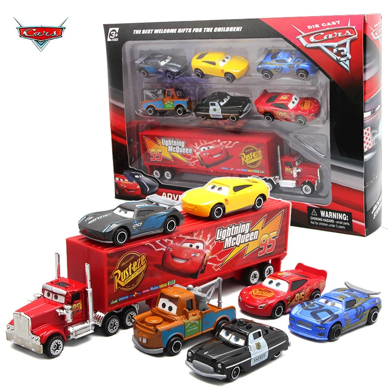 Disney- Set de coches de la película Cars para niño, juego de 7 unidades de coches de carrera, Rayo Mcqueen, Jackson, Storm, Mack, Tío truck 1:55, juguete de coche de metal fundido a presión