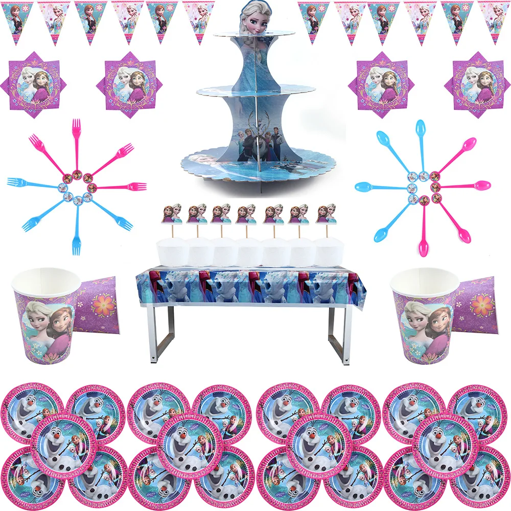 61pcs Snow Anna Theme Party Supplie Disposable tableware girl Birthday party girl Anna Elsa anniversaire birthday plates party - Цвет: total 61pcs