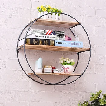 

Round Wall Unit Retro Industrial Style Wood Metal Wall Shelf Storage Decoration Home Decoration