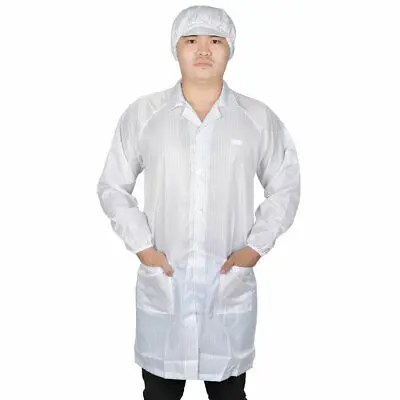 

Man Lady White Point Collar Anti Static Clean Room ESD Overall Gown w Cap L