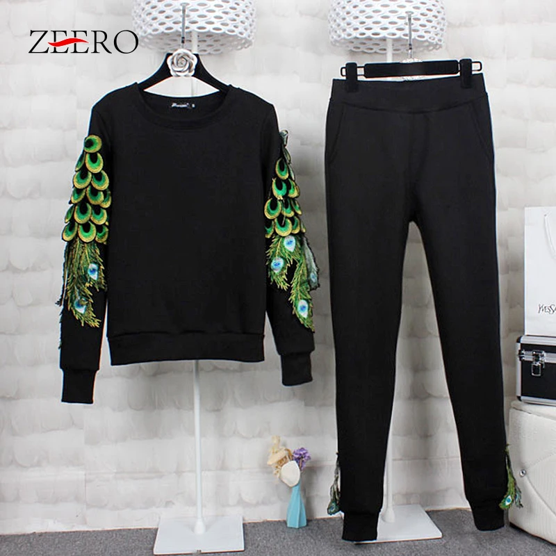 Autumn 2019 Two Piece Top and Pants Fashion Design Feathers Embroidery Runway Womens Thick Sportswear Tracksuit Set Suit |
