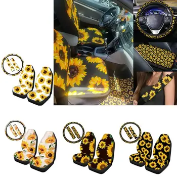 

5Pcs Car Seat Steering Wheel Cover Sunflower Universal Front Seats Protector Kit 6XDB