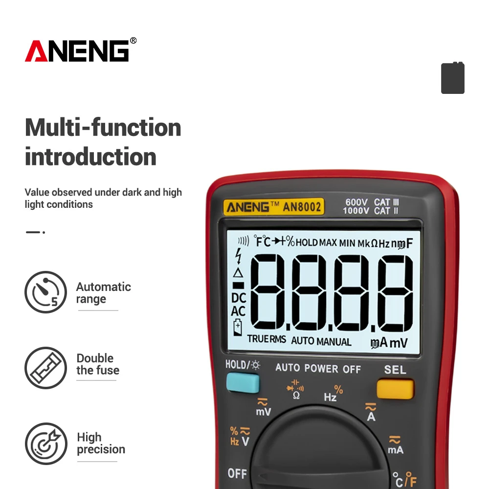 ANENG AN8002 Digital Multimeter 6000 counts Backlight AC/DC Ammeter Voltmeter Ohm Alligator clip jumper wire test lead