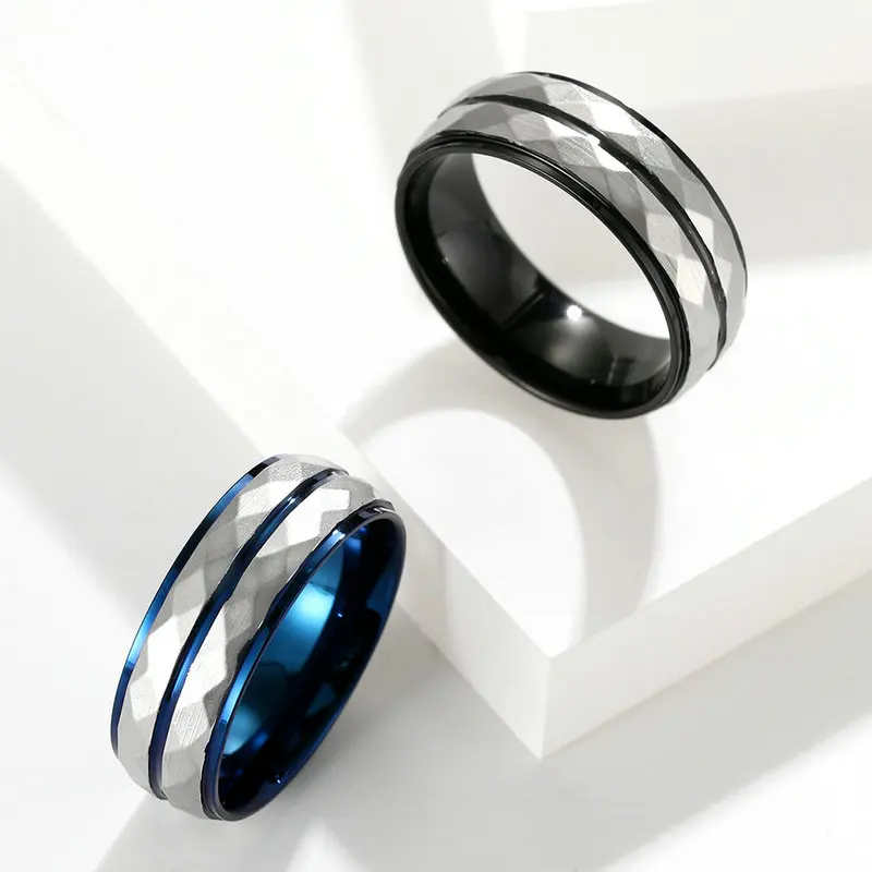 

New Style Men's Stainless Steel Metal Ring Diamond Pattern Faceted Cutting Glossy Grain Ring Holders For Jewelry Party Gift