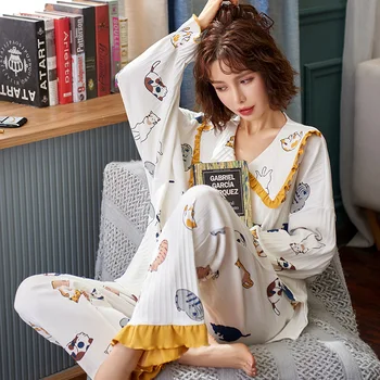 

Woman Pajamas Sets Winter And Spring Sweet Style M-3XL Cotton Sleepwear For Girl Homewear