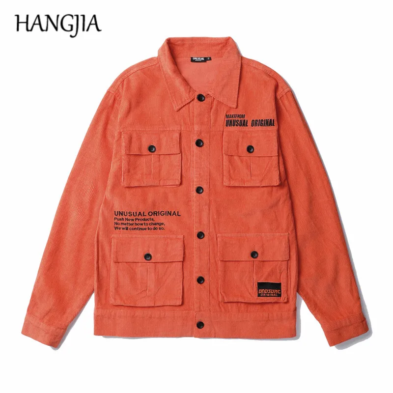 Оранжевая Вельветовая куртка карго для мужчин и женщин Harajuku черная Вельветовая куртка с вышивкой пальто Мужская Уличная одежда с несколькими карманами Свободное пальто