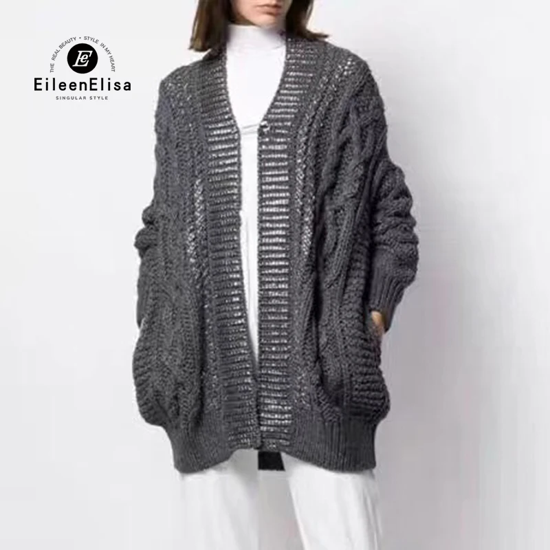 

Autumn Winter Sweater Cardigans Casual Solid color Loose V-Neck Knitted Coats