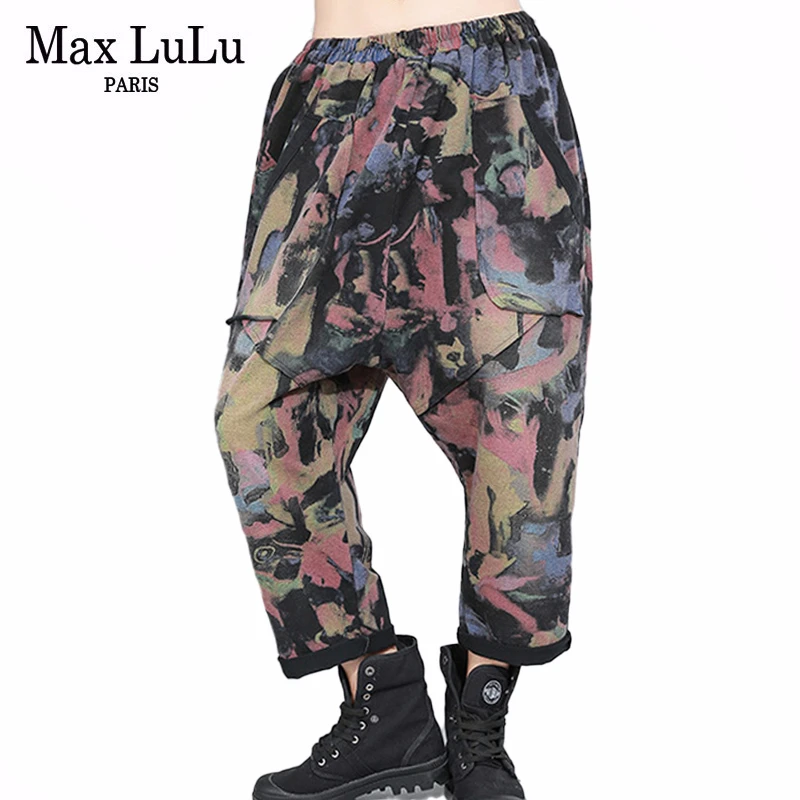 Max LuLu корейские модные женские брюки с цветочным принтом, женские шаровары с принтом, винтажные свободные панталоны, Повседневная Уличная одежда размера плюс