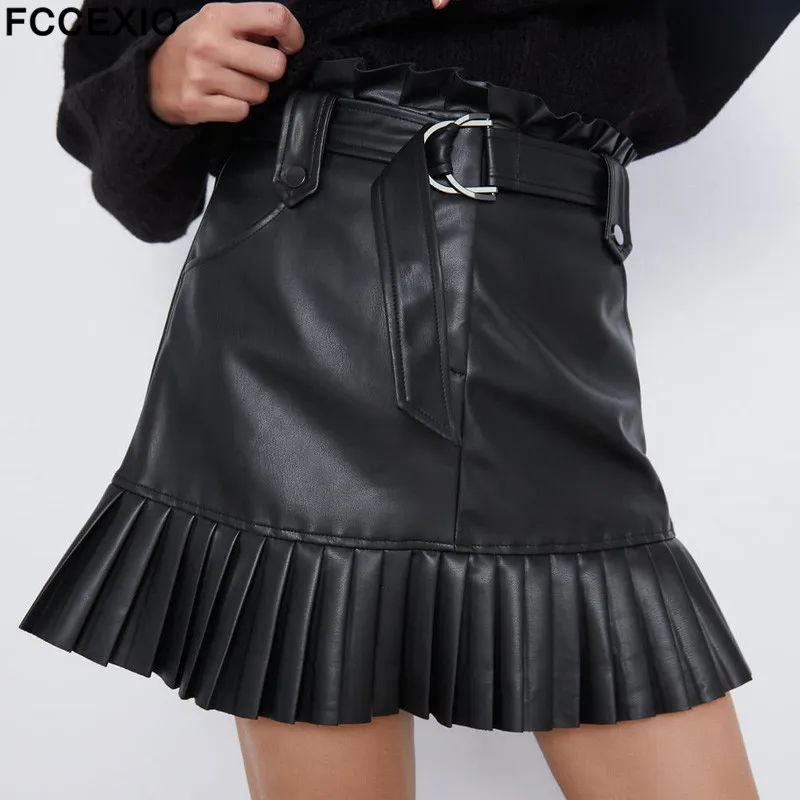 FCCEXIO плиссированные юбки из искусственной кожи, женская модная юбка с завязками на поясе и карманами, Женские Элегантные мини юбки, женские офисные юбки - Цвет: Черный
