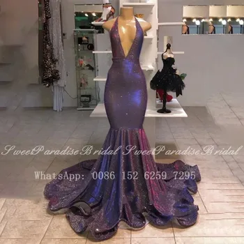 

Bling Purple Sequined Evening Dress Mermaid Long Court Train 2020 Halter Deep V Neck Women Prom Dresses Party Robe De Soiree