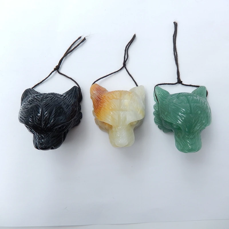 New Arrived Handcraft Green Aventurine Obsidian Amazonite Carved Tiger Head Pendants, 45x34x29mm, 47g