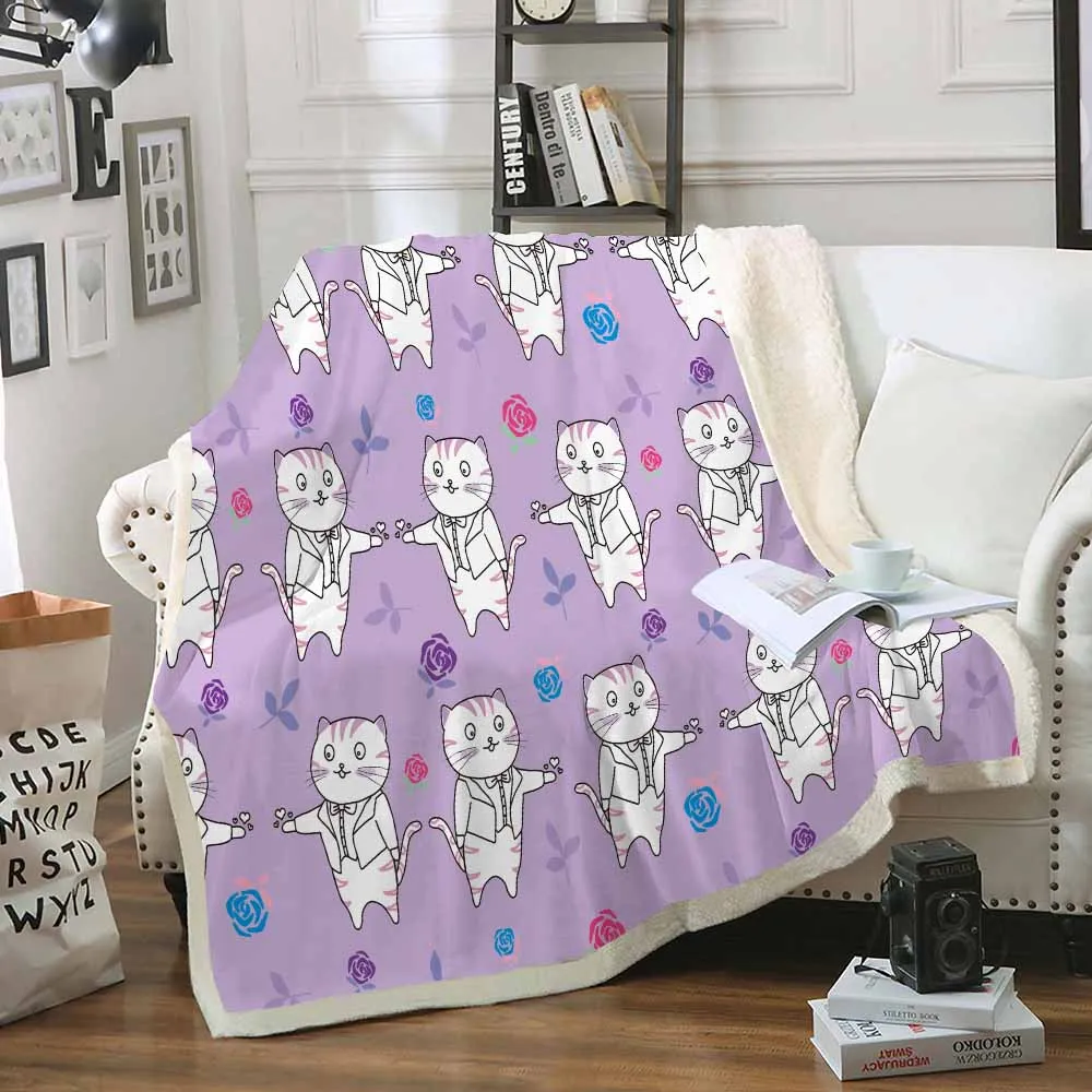 

Gentleman Cat Rose Throw Blanket Soft Sherpa Fleece Blanket Cozy Sheet for Kids Girls Sofa Knee Blanket Cartoon Animal 3 Colors