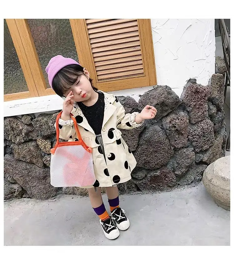 fleece coats Girls' Hooded Windbreaker New Spring Autumn Children's Mid-length Hooded Jacket Baby Kids Polk Dot Cute Tops Coat Outerwear & Coats hot