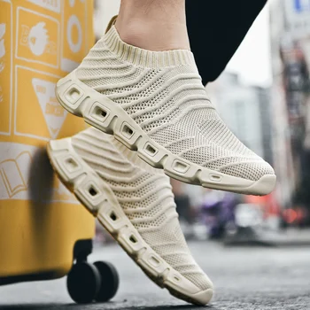 

Hot Sale Fly Knit Men Soft Casual Shoes Breathable Stylish Sport Sneakers Male Outdoor Flats Walking Sock Shoes Plus Size 39-48