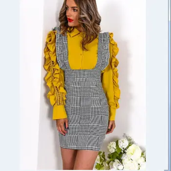 

Womens Bodycon Check Dog Tooth Frill Pinafore Ruffle Dress Bodycon Dress 8-14 /BY