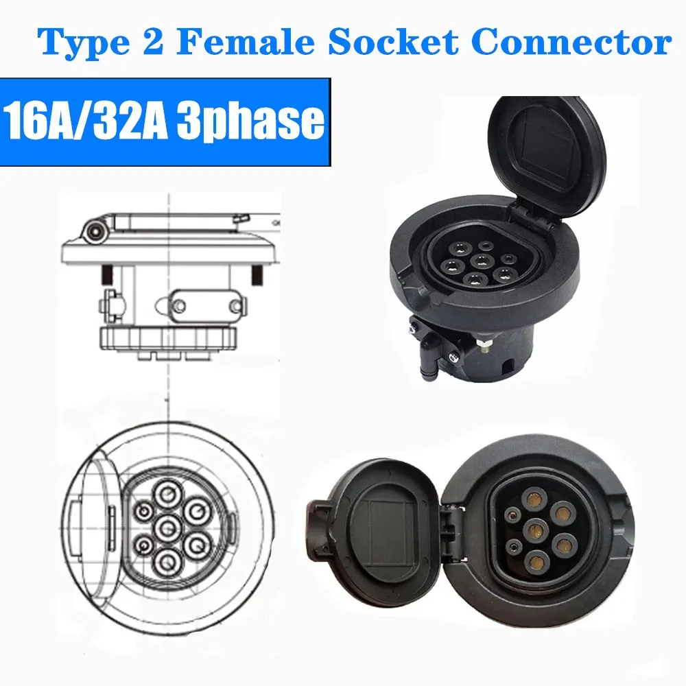 32A 3 Phase Type 2 Female Socket Connector Outlet 4 Point Fixed AC EV Charging European Standard IEC 62196-2