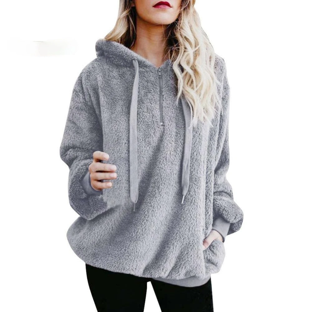 

2021High Quality Solid Color Zipper Hoodies Jumper Women Warm Winter Fleece Hooded Fluffy Hooded Sweatshirt New Fashion Clothing