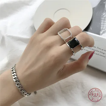 

925 Sterling Silver European Simple Square Black Agate Glossy Ring Set Female Punk Hip Hop Classic Party Jewelry
