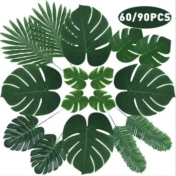 

60/90PCS Tropical Artificial Leaves with Stem Jungle Foliage Hawaiian Luau Summer Party Decorations Beach Anniversary Decor