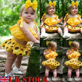 

3PCS Toddler Kids Baby Girl Sunflower Crop Tops Shorts Dress Outfits Sunsuit