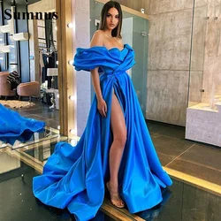 Sumnus Royal Blue Arabic Prom Party Dresses High Split Satin Evening Gowns Long 2022 Off Shoulder Celebrity Dress Robe De Soiree