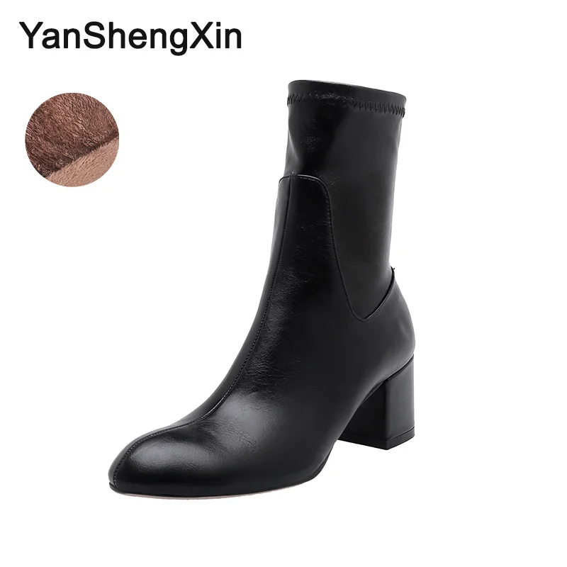 YANSHENGXIN/обувь; женские ботинки; ботинки до середины икры в стиле знаменитостей; женская обувь с острым носком; ботинки осень-зима; женские ботинки - Цвет: Black Fur