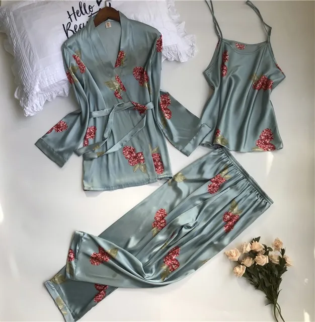 SAPJON 2019 New 3 PCS Women Pajamas Sets with Pants Sexy Pyjama Satin Flower Print Nightwear Silk Negligee Sleepwear Pyjama 5