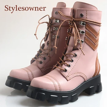 

Cow Leather Woman Martin Boots Round Toe Lace-Up Square-heel Thick-soled Handsome Boots Mixed Color Pink White Designer Shoes