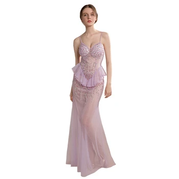 

Sexy purple strap see-through nightclub dress long skirt net yarn temptation V-neck private club car model women's KTV costume