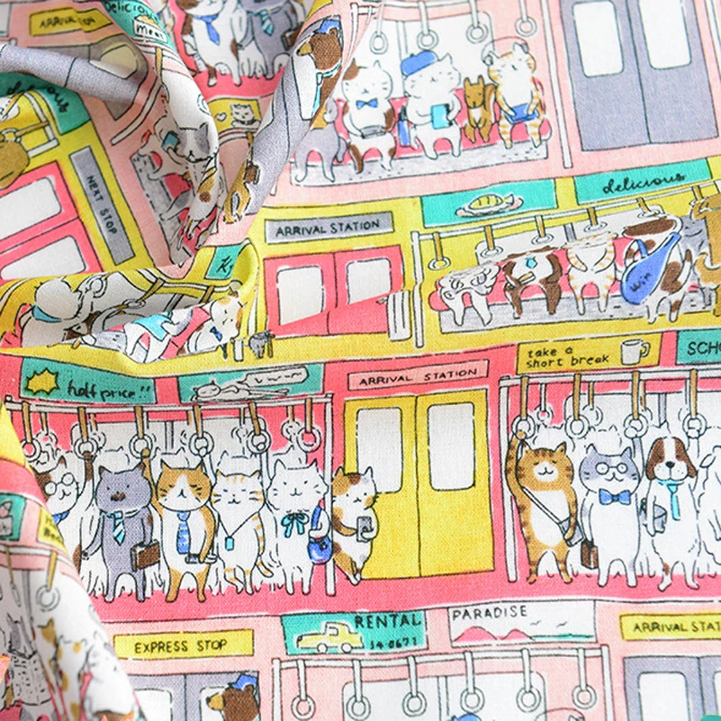 Tela de algodón con estampado Digital de gato de dibujos animados para niños, para coser bolsas muselina, ropa, Tops, vestidos por medio metro