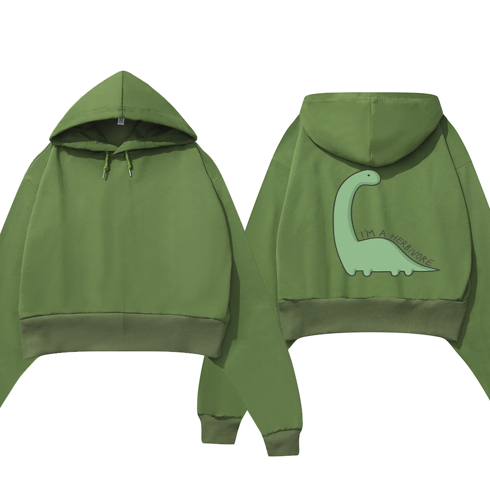 

Women Crop Top Sweatshirts Cropped Hoodies Dinosaur Printed Autumn Loose Female Cotton Drawstring Hooded Streetwear Pullovers